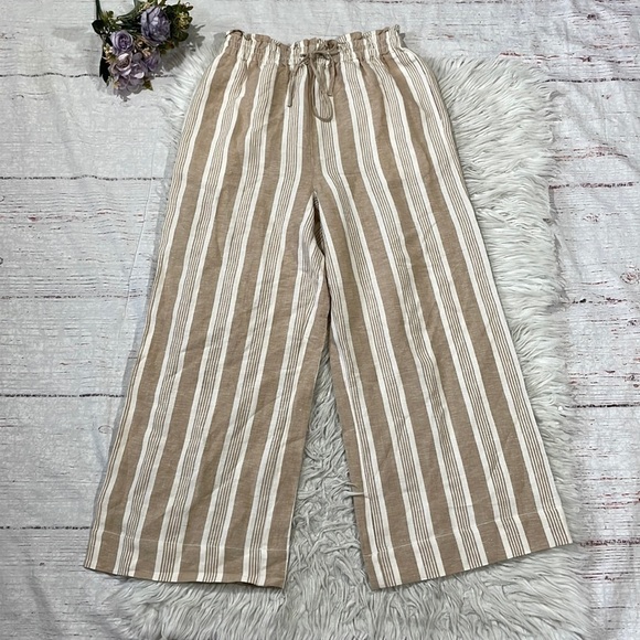 Madewell Smocked Huston Pull-on Cropped Linen Blend Stripe Pants - Picture 2 of 10